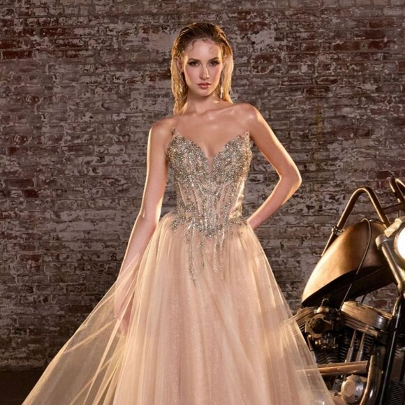 New Gold Strapless A-Line Tulle Beaded Dress w/ Lace Up Back & V-Neck CD721 - Picture 4 of 9